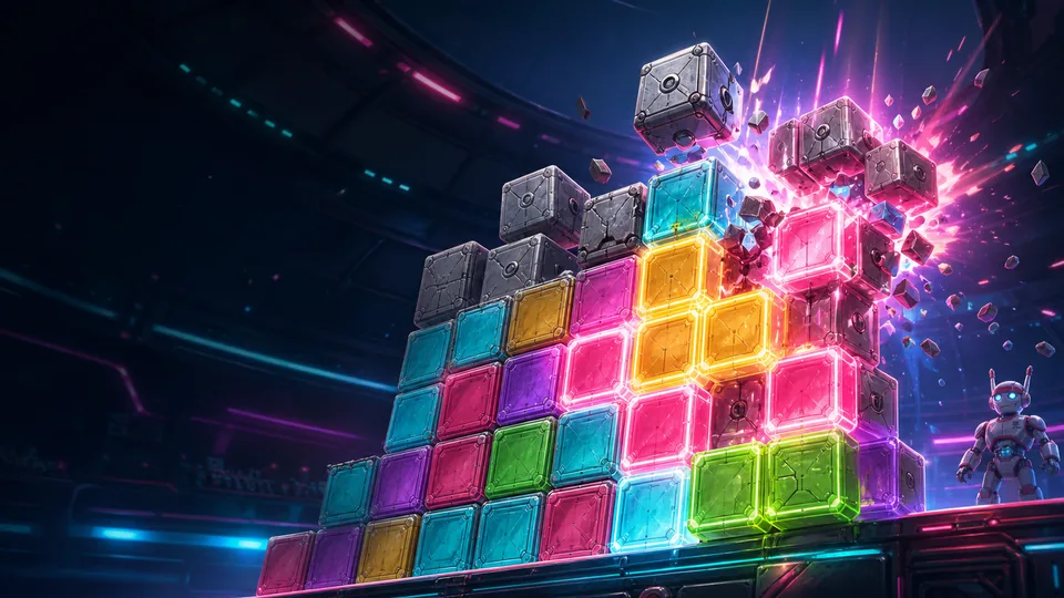 A colorful stack of panels bursting apart in a neon arena.