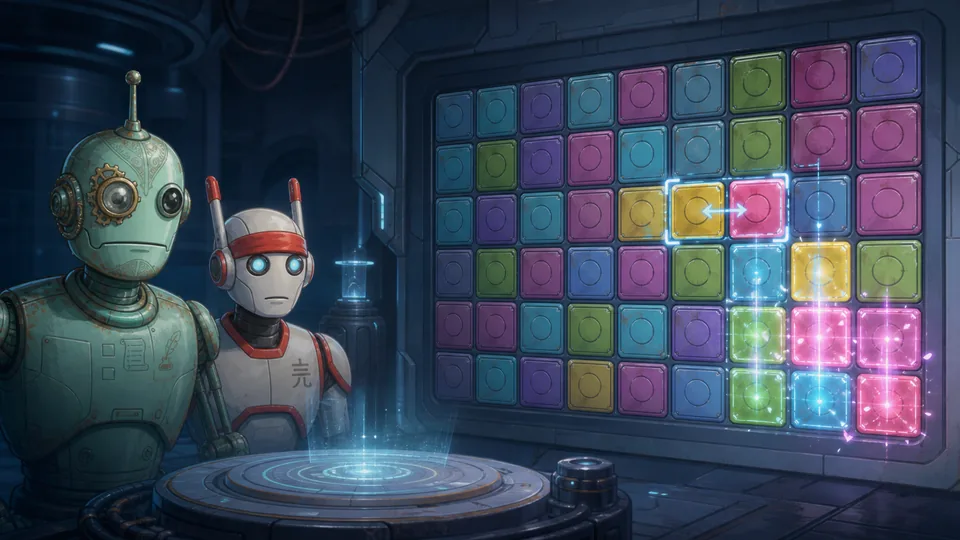 Glowing puzzle panels arranged inside a futuristic machine.