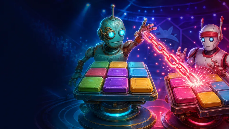 Two colorful puzzle boards facing off in a high-energy arena.